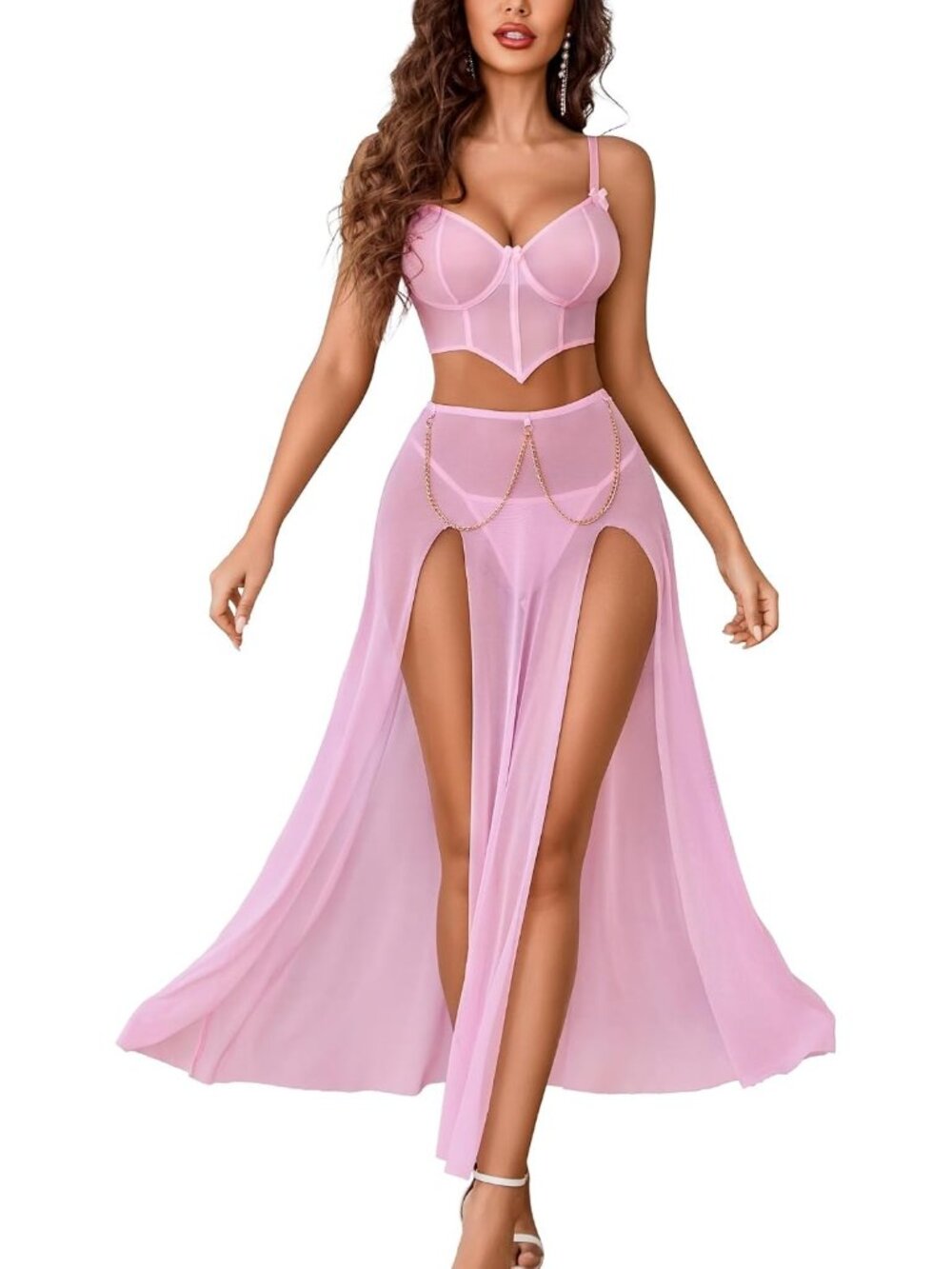 Women's Pink V Neck Sexy Long Skirt Two Side Split Lingerie 3 Piece Outfit